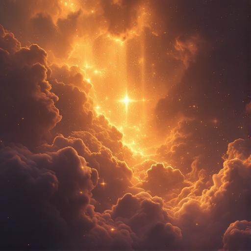 Golden light beams in dark cosmic sky