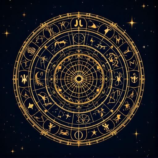 Ornate golden zodiac wheel on navy background