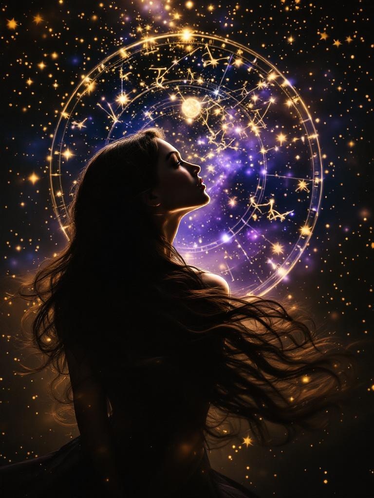 Woman gazing at a constellation map against a starfield